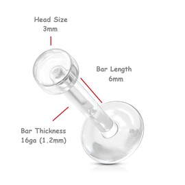 PiercedOff Bio Flex Clear Retainer with 3mm Removable Push-In Top - Thickness 16GA (1.2mm) / Length 6mm - Pack of 10 Retainers