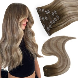 Easyouth Balayage Clip Extension Real Hair Blonde Clip-In Hair Extensions Remy Human Clip-In Hair Extensions Dark Brown Tu Ash Brown Mix Medium Blonde 16 Inches 100 g 7 Pieces #3/8/22
