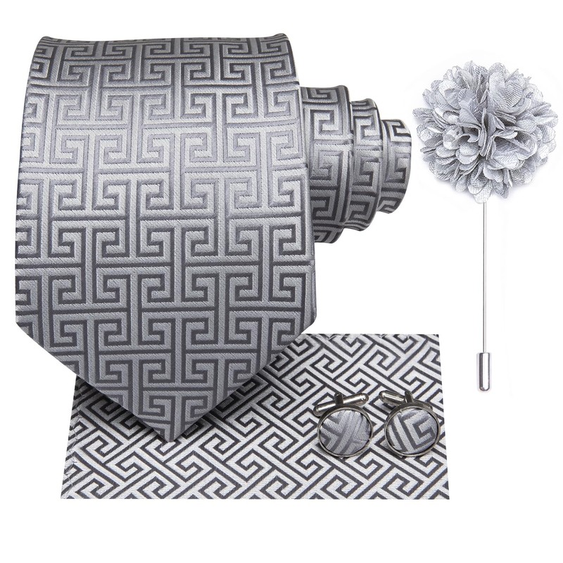 Hi-Tie Mens Tie Lapel Pin Set Pocket Square Cufflinks Woven