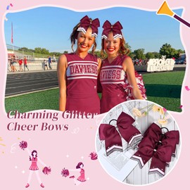 8PCS Glitter Cheer Bow Large Maroon Cheer Bows Rhinestones Hair Bows Girls 8"Cheerleading Bows Bulk Elastic Band Ponytail Holder for Teen Girls College Sports Competition