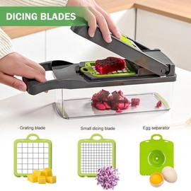 Cortador de Verduras 16 en 1, Picadora Multifunción con 7 Cuchillas de Acero Inoxidable Intercambiables, Incluye Recipiente, Rallador, Separador de Hu