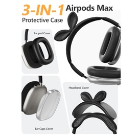 Silicone Case Cover for AirPods Max Cute Bunny Ear, Clear TPU Ear Cups Silicone Ear Pad Covers Anti-Scratch Anti-Fingerprint Fits AirPods Max 2024 2020 (Black)