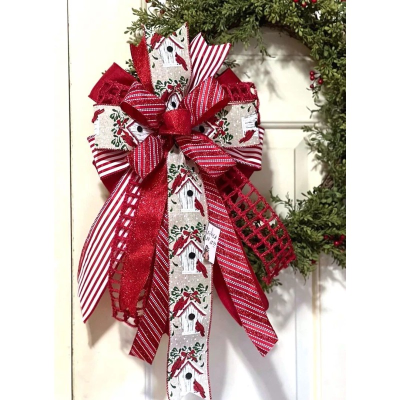 Regency 10 " CHRISTMAS BIRDHOUSE GLITTER STRIPE WIRED BOW DOOR