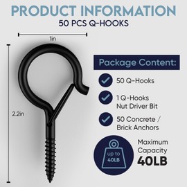 Moneek's Hardware 50 PCS Black Q Hanger Hooks with Safety Buckle, Windproof Screw Hooks for Hanging Outdoor String Lights, Plants, Christmas, Patio Lights, 2.2 Inches, Black