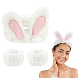 3Pcs Cute Bunny Spa Wristband Set for Women, Skincare Wristband Soft and Comfortable Coral Fleece Makeup Wristband Cute Cat Ears Wristband for Washing Face (Bunny Style, One Szie)