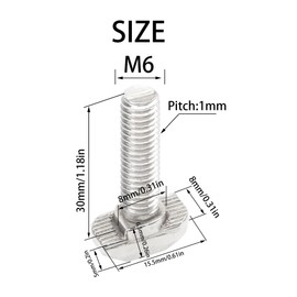 Rrina 12 Sets M6x30 304 Stainless Steel Hammer Head T-Slot Drop-in Stud Sliding Bolt Screw Flange Nut for 30 Series European Standard Aluminum Profile