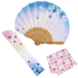 Osaka Chouseido Folding Fan, Women's, Stylish, Business, Folding Bag, Handkerchief Included, Cherry Blossom Blur, blue