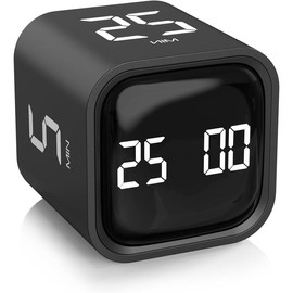 Rotating Pomodoro Timer 5, 25, 10 50 Minutes Preset, Desk Productivity Timer w/Gravity Sensor, Cube Timer for ADHD, Vibration/High/Low Volume/Custom Modes, for Work, Study, Back to School, Kitchen - Color: Black, Quantity: 1