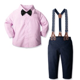 Yilaku 4-Piece Clothing Set for Baby Boys, Romper, Braces, a Vest and Bow Tie, Suit, Celebration, Christening, Wedding, Long Sleeves, for Spring and Summer - Suit pink