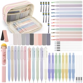 Vyuwast 61-Piece Stationery Set with Pencil Case Pink - Mechanical Pencils, Highlighter, Gel Pen, Incl. Erasers, Bookmark for School, Study, Office, Writing Set