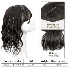 FDEETY Perücke Damen 12 Zoll Kurzhaar Wellen und Locken Clip In Haarteil Pony Haarteil Aus Synthetischem Kunsthaar Ideal für Alltag und Karneval Kurzhaarschnitt Perrücke Frauen （Schwarzbraun）