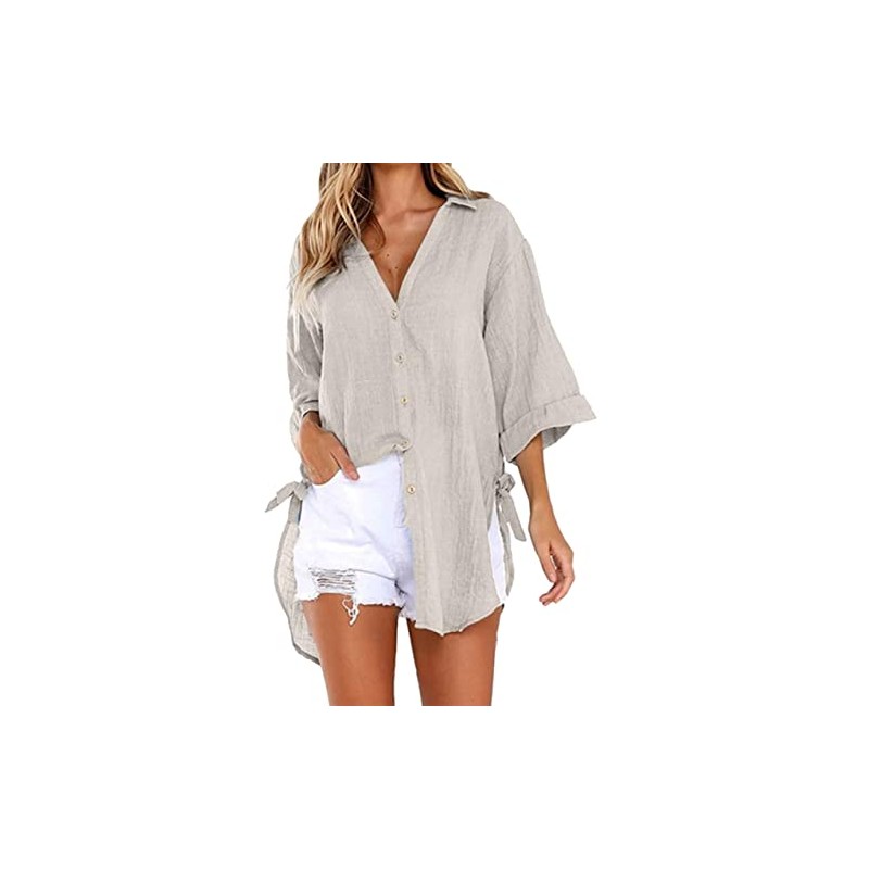 Bozanly Casual V Neck 3/4 Sleeve Button Down Shirts High