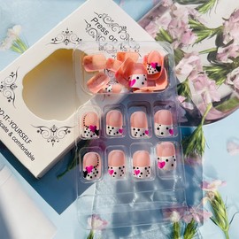 24Pcs Valentine's Day Press on Nails Short Square White French Tip Fake Nails with Pink Heart Spot Designs Acrylic Nails Press ons Glossy Full Cover Glue on Nails Valentines Stick on Nails for Women