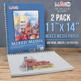 U.S. Art Supply 11"x14" Mixed Media Sketchbook, 2 Pack (60 Sheets), 98 lb (160 GSM) - Spiral-Bound Pad with Perforated Acid-Free Paper - Artist Sketch Book for Drawing, Painting, Watercolor