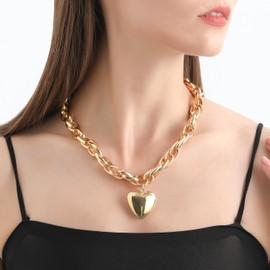 FUTIMELY Chunky Gold Heart Pendant Necklaces,14K Gold Punk Puffy Love Thick Chain Choker Necklaces, Charm Statement Jewelry Gifts for Women Teen Girls (Gold)