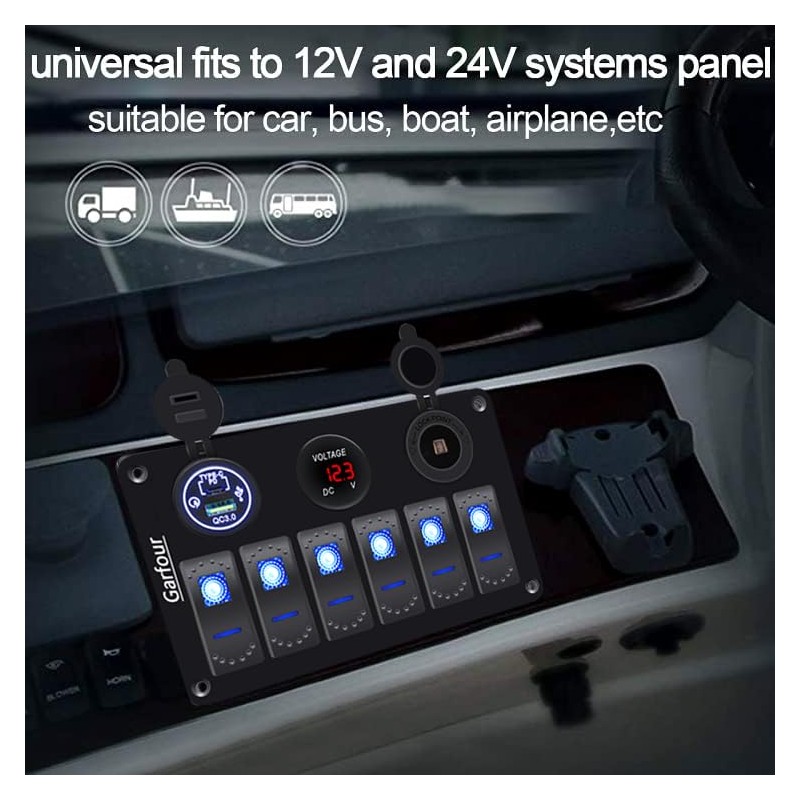 Garfour Waterproof 6 Gang Aluminum Boat Switch Panel Marine Rocker