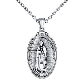 INFINIONLY Men's Necklaces with Pendant Made of Stainless Steel Religion Virgin Mary Necklace Locket Vintage Faith Pendant with 55 cm Chain Easter Jewellery Decoration for Teenagers, Stainless Steel