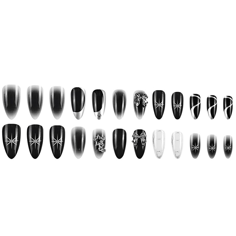 24Pcs Black Press on Nails Medium Almond Fake Nails Cute