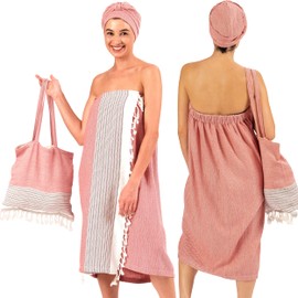 Avvexa Turkish Cotton Robe, Quick Dry Spa Turkish Towel, 100% Cotton Bath Towel for Women with Velcro, Premium Spa Wrap with Hair Wrap & Tote, Great for Spa Wrap, Shower Wrap, Bath Wrap, Massage Wrap