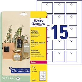 AVERY Zweckform T3003-10 Sturdy Tags Pack of 150 with Cords (50 x 50 mm on A4, Printable on Both Sides, Tear-Resistant, Durable Gift Tags, Price Tags) Foil, White
