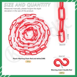 Keadic Red White Plastic Barrier Chain, Plastic Chain Connectors with 20 Pieces S-Hooks, 16.4 Feet Safety Chain Crowd Control Barriers Plastic Chain for Queues Parking Fences