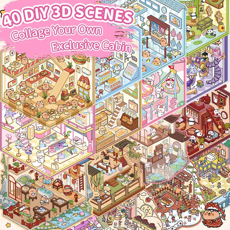 40 Sets DIY 3D House Sticker Scene Kit, Sticker Therapy,