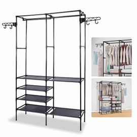 TeqHome 42'' Portable Clothes Rack, Iron Frame, Black, 350lb Capacity, Easy Assembly, 6 Shelves, Hooks on Both Sides
