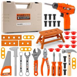 45Pcs Kids Tool Set with Electric Drill Toy and Portable Toddler Toolbox, Tool Box for Kids Age 3-5,Montessori Play Toolbox, STEM Educational Tool Toys Birthday Gift At Ages 3–6 for Pretend Play Sets