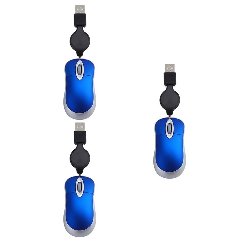 Veumoie 3-Pack Wired Optical Mouse, USB, Blue, Portable, Retractable Cord,