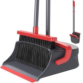 Broom with Dustpan Combo Set, Long Handle Upright Standing Self-Cleaning Broom and Dustpan Set for Pet Hair & Dust Cleanup, Indoor Outdoor Use for Home, Kitchen, Office, Red & Gray