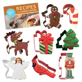 R&M Christmas Holiday Cookie Cutter Gift Set. Includes Nutcracker, Gift, Snow Covered Tree, Gingerbread Boy, Candy Cane, Reindeer, Angel, Cardinal