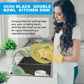 Black 50/50 Double Bowl Sink - 33x19x9 Inch Stainless Steel Drop In/Undermount Large Sink Combo - Grid, Mat, Clips for Modern SS Kitchen