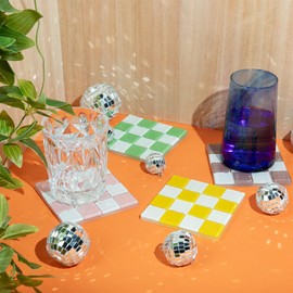 Checkered Drink Coaster Set of 2 | 4" Square, Glass Tiled Coasters for Home Decor, Kitchen Decor Or Table Decor. Jewelry Dish Tray, Decorative Plate, Best Gift Idea for Her by IOBBO (Green)