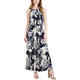 ROBBIE BEE Signature Womens Petites Floral Print Maxi Dress Navy PS