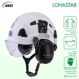 LOHASTAR Safety Hard Hat with Visor and Hearing Protection Vented ANSI Z89.1 Approved Work Helmet for Forestry Chainsaw Arborist Logging (White+Clear Visor+Earmuff)