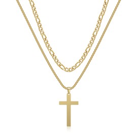 GILIEYER Cross Necklace for Men, Stainless Steel Cross Pendant Necklace Layered Cuban Link Chain Crucifix Necklace Silver Black Gold Cross Chain Cross Jewelry (Layered Cuban, Gold)
