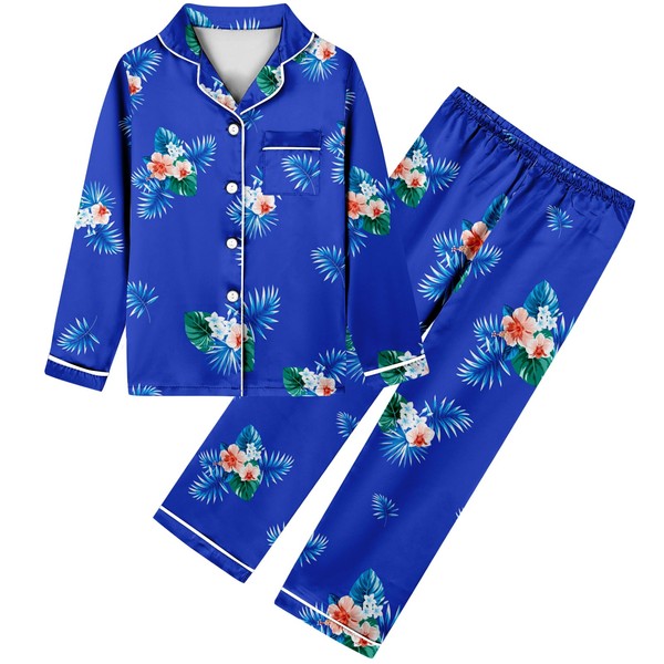 Umeyda - Conjunto de pijama de satén para niñas y mujeres, manga larga, con botones, ropa de dormir para niños, Y Blue Floral, 4-5T