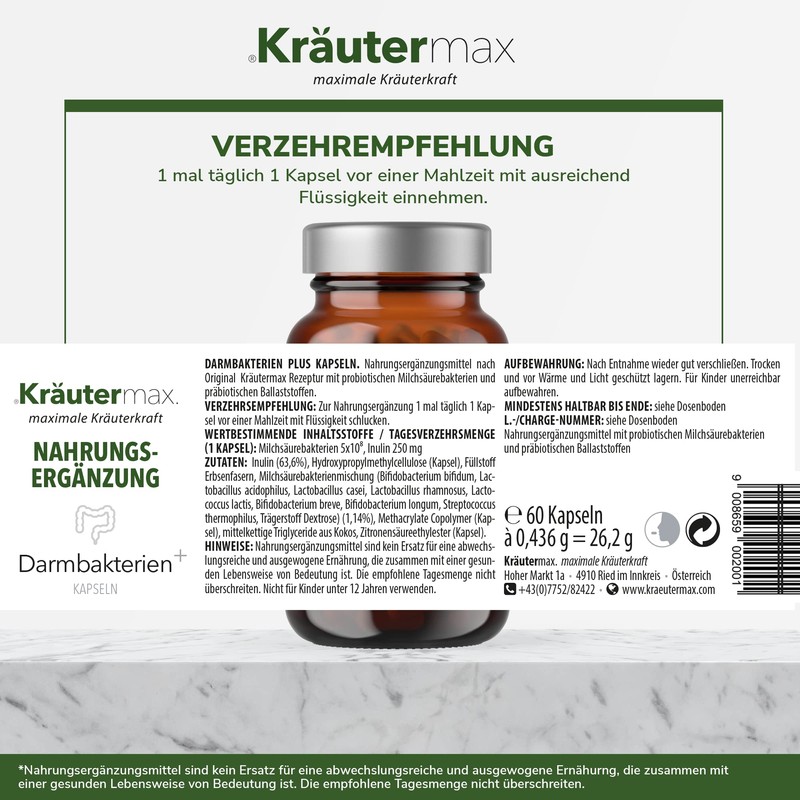 Kräutermax Intestinal Bacteria Capsules, Lactic Acid Bacteria Capsules for Intestinal