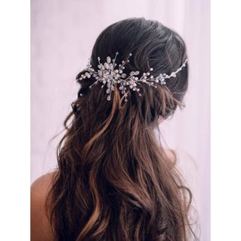 Edary Bridal Crystal Wedding Hair Vine Silver Headband Pearl Wedding Hair Accessories Bridal Headpiece for Women and Girls