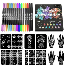 Moricher Temporary Tattoo Markers for Skin - 15 Body Markers with 112 Stencils Dual-ended Tattoo Pens Cosmetic Grade henna Pens