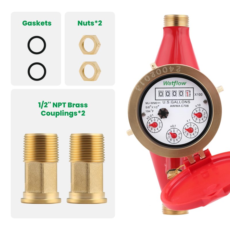 Watflow DN15 Water Meter 1/2" NPT,Gallon Water Flow Meter, Hot