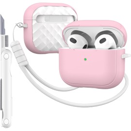 MHYALUDO-Hülle kompatibel mit AirPods 3 Generation mit Reinigungsset, vollständiger Fallschutz mit Trageband, Farbe,Jugendliches Macaron, kompatibel mit Airpods 3-Ladehülle, Rosa/Weiß
