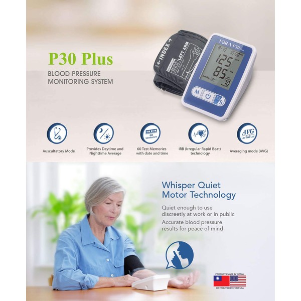 FORA P30 Plus Medical Grade Arm Blood Pressure Monitor, Made in Taiwan, IRB & Smart Averaging Technology. Adjustable Cuff that Fits Arms 9.4-16.9 inches (24-43 cm) in circumference.
