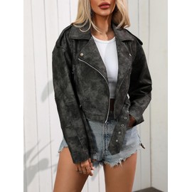 LY VAREY LIN Women Faux Leather Cropped Jacket Lapel Zipper Biker Short Coat with Belt