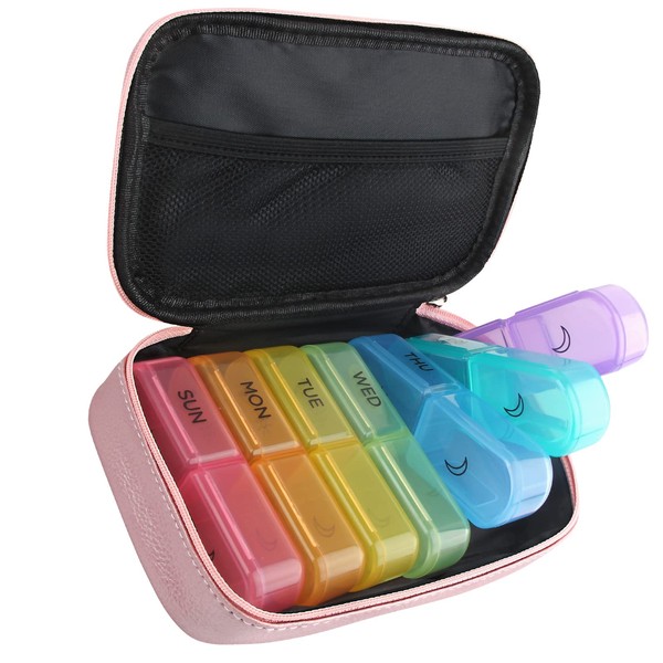 Pill Box 7 Days 2 Compartments Large Pill Box Morning Evening Portable PU Leather Pill Bag with Zip Medicine Box Weekly Box for Medicine Capsule Vitamins Fish Oil (Pink)