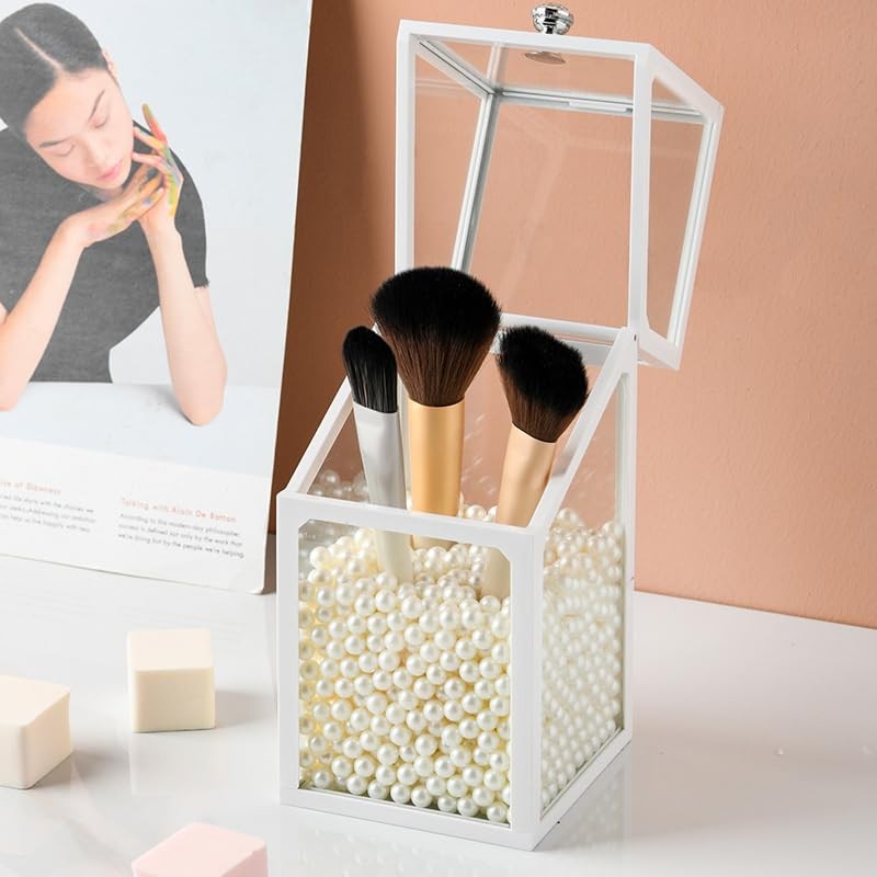 London Boutique Luxury Glass Makeup Brush Holder with Pearl Beads,