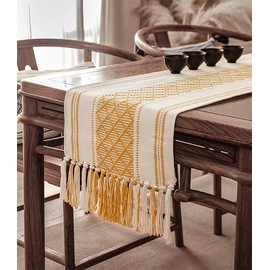 Fennco Styles Diamond Stitched Design Tassel Cotton Blend Table Runner 14" W x 102" L - Yellow Geometric Woven Table Cover for Boho Décor, Home, Dining Table, Banquets, Family Gatherings