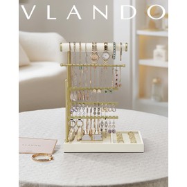 Vlando Jewelry Stand Organizer with Ring Holder Tray,3-Tier Earring Holder organizer,Necklace Holder,Large Capacity Jewelry Display Stand for Necklace,Bracelets and Watches,Room Decor,Beige