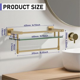 Bathroom Glass Shelf Brushed Gold Finish with Towel Rack, SUS304 Stainless Steel, 16-inch Tempered Glass Shelves for Wall