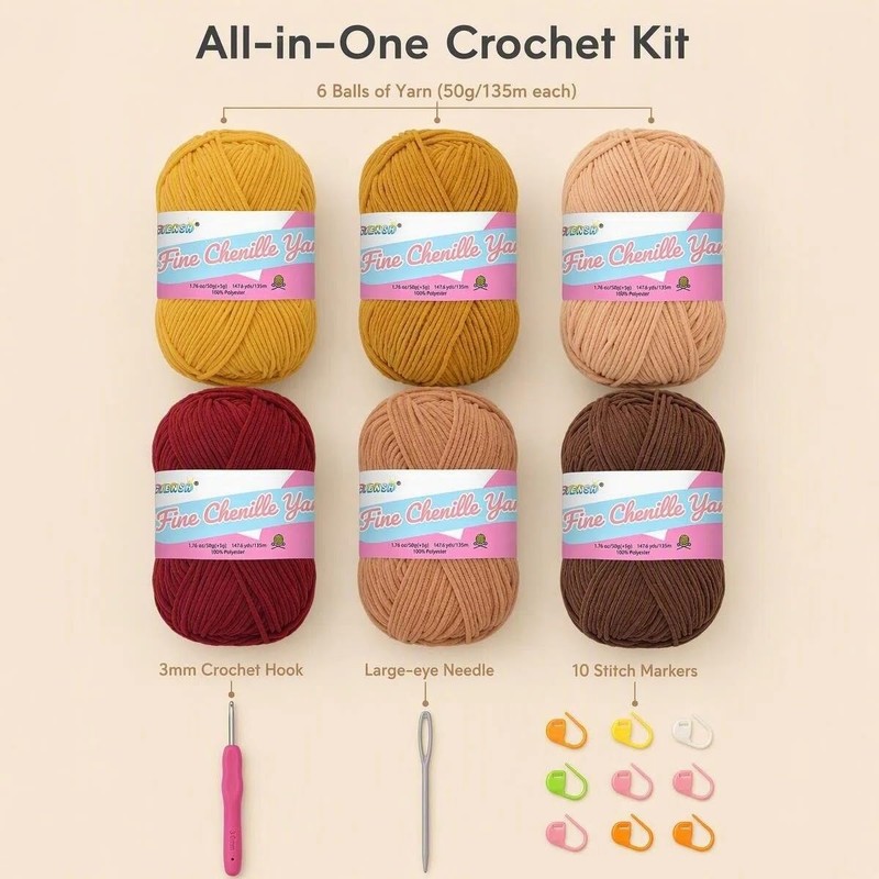 Jaciensh Soft Chenille Crochet Yarn, 6x50g Fluffy Plush Knitting Wool,